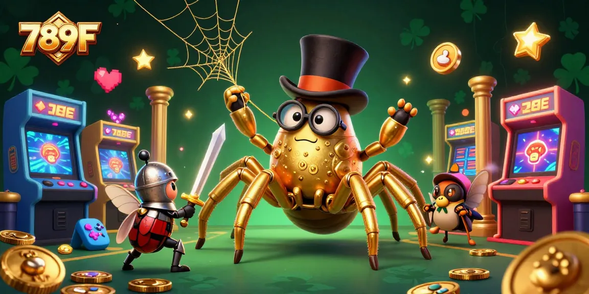 Engage with 789F's golden web of gaming excitement alongside animated characters in a lively casino scene.