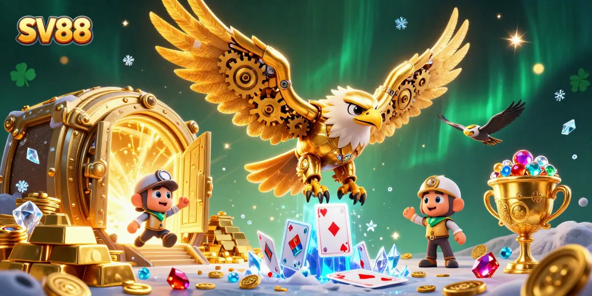 SV88 players dive into golden jackpots, surrounded by casino treasures and holographic cards.