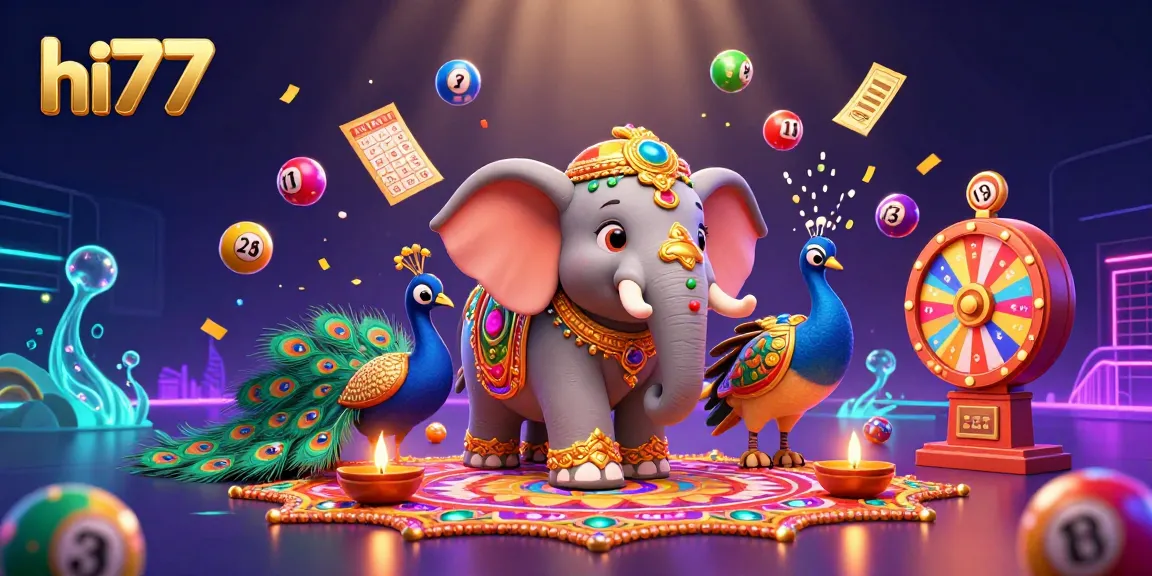 Experience the excitement of hi77 with a vibrant 3D illustration featuring a magical elephant, colorful lottery elements, and atmospheric effects.