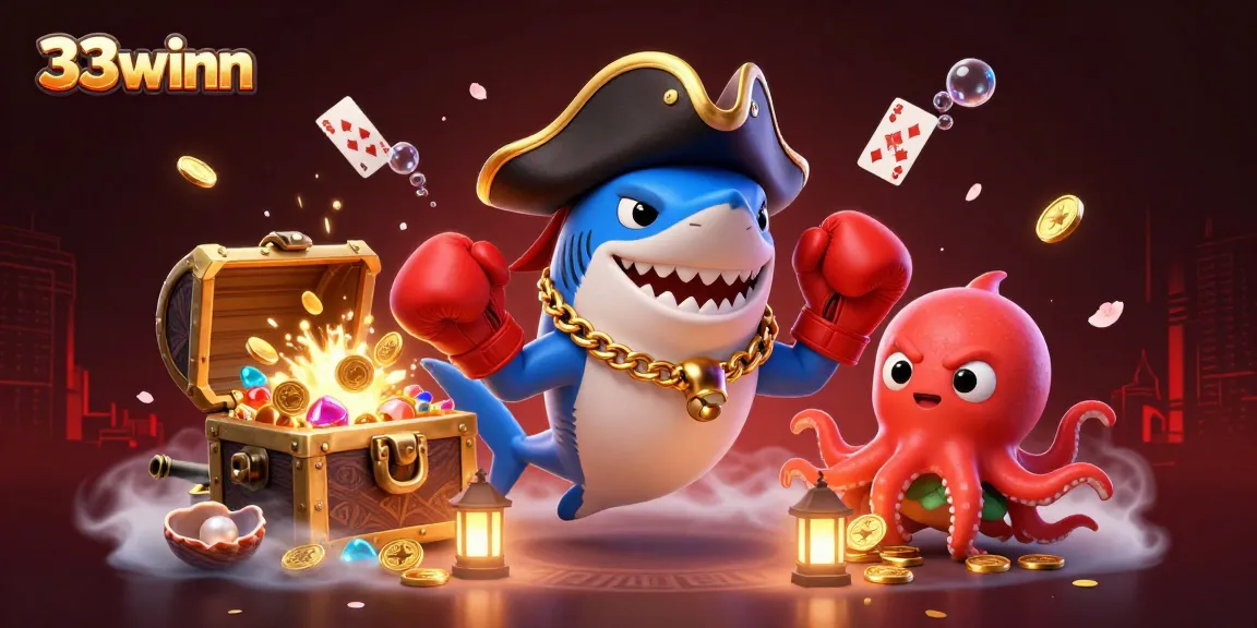 33winn showcases a lively casino scene with a pirate shark, pufferfish, and octopus surrounded by gold coins and cards.