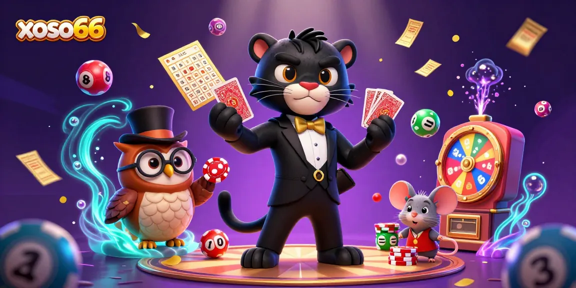 Engage in thrilling games with xoso66, a dynamic scene featuring a panther dealing cards amidst a festive lottery atmosphere.