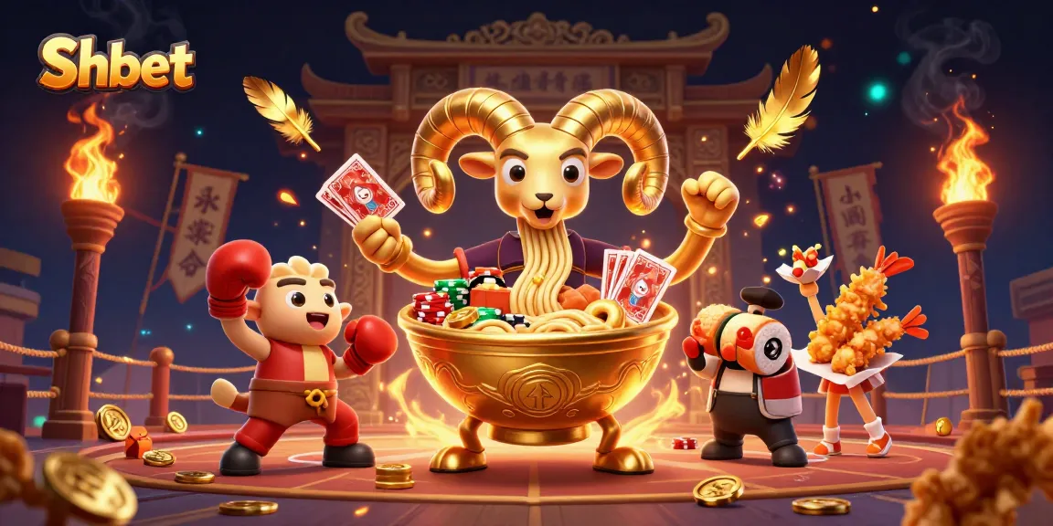 Engage in thrilling gameplay with Shbet featuring a giant golden ramen bowl dealer and dynamic casino action.