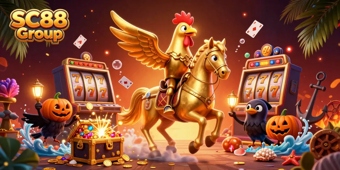 Experience the SC88 Group casino adventure with a dynamic cartoon illustration of a golden rooster and friends.