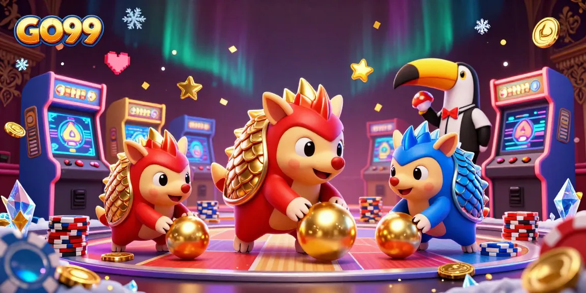 GO99 pangolins compete while bowling through poker chips in vibrant casino atmosphere