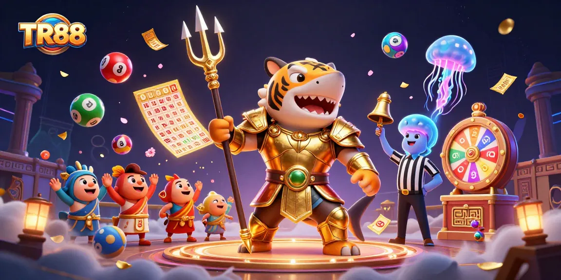 Experience thrilling games at TR88 with a dynamic scene featuring a gladiator shark in a casino.