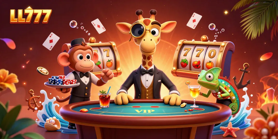 Engage in the world of LL777 with a vibrant 3D casino scene featuring characters enjoying high-stakes gaming.