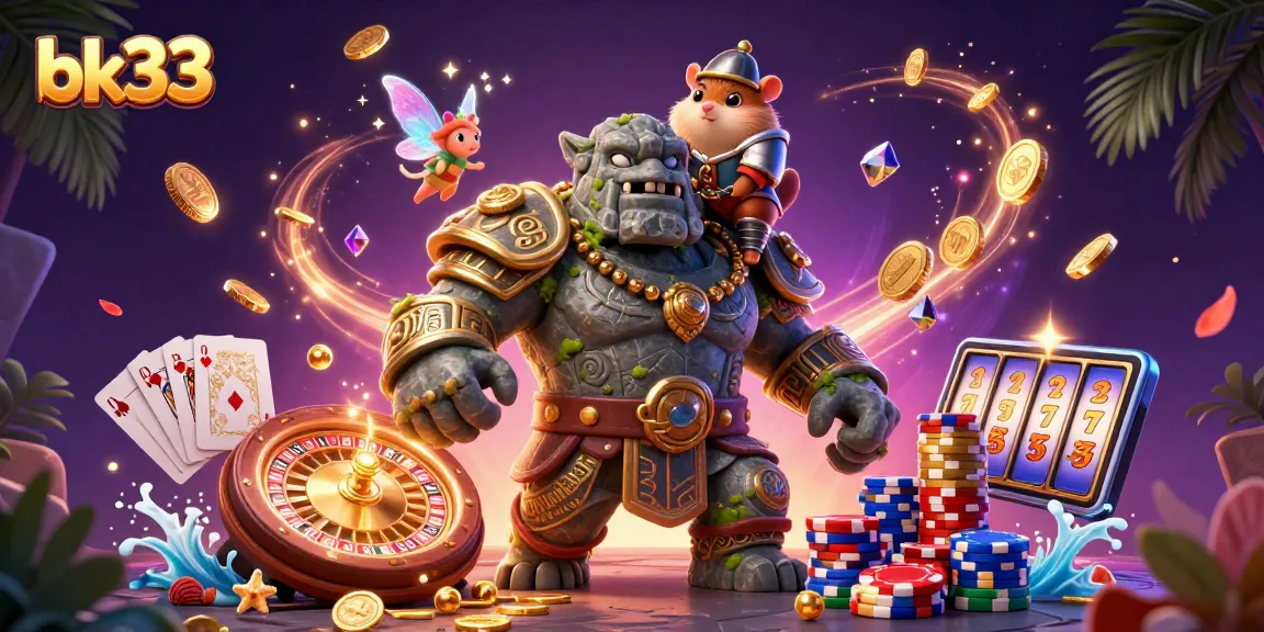 Experience winning thrills at bk33 with an energetic golem, fairy companion, and hamster knight in a dynamic casino scene.
