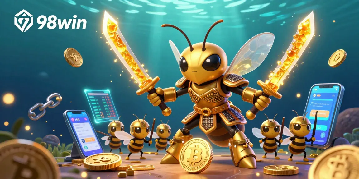 Engage with thrilling gaming experiences at 98win featuring a samurai hornet and glowing crypto elements.