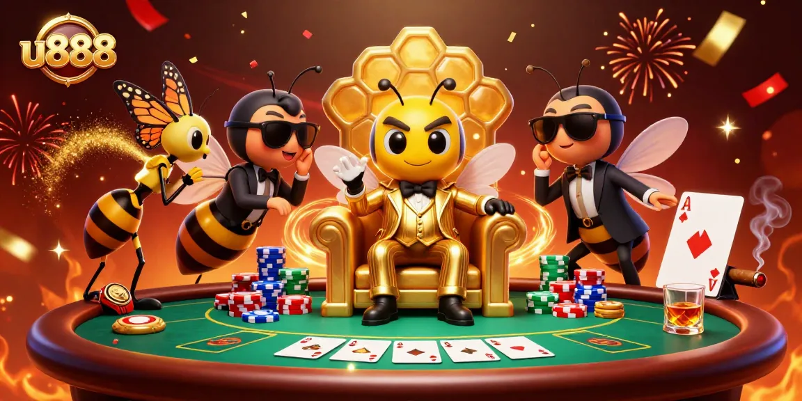 Join u888 players with vibrant poker action featuring a cartoon bumblebee mob boss surrounded by colorful chips.