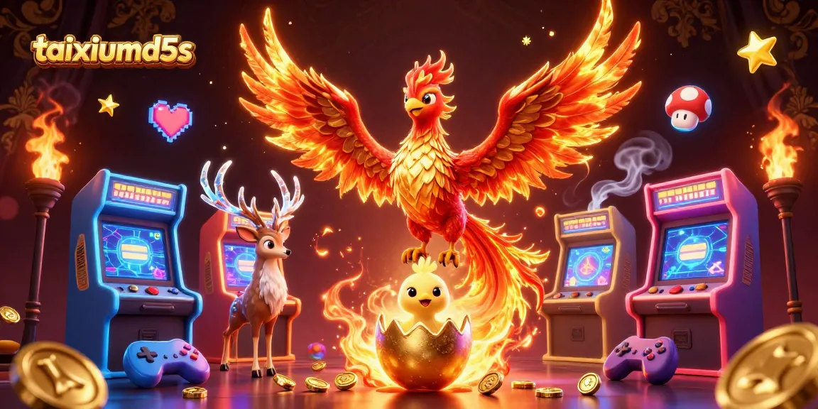 Engage in thrilling games at taixiumd5s with vibrant phoenix and stag characters in an exciting casino setting.