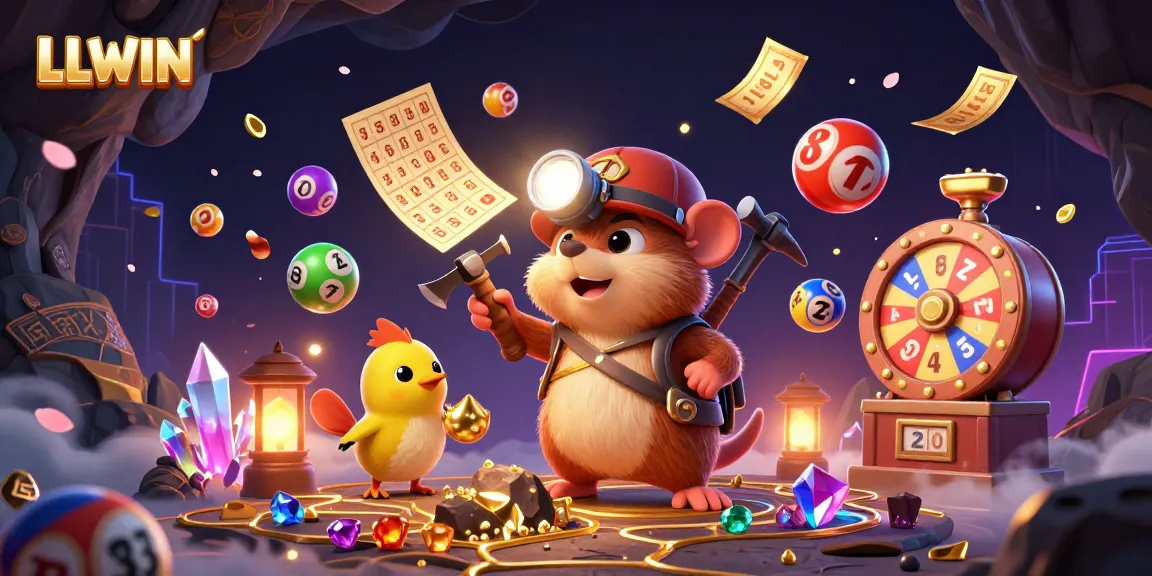 Engage with LLWIN's exciting gaming experience featuring vibrant lottery elements and a cartoon mole explorer.